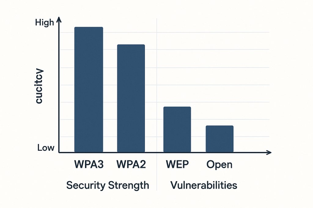 Bar chart comparing Wi-Fi encryption protocols by their security effectiveness and vulnerability levels.
