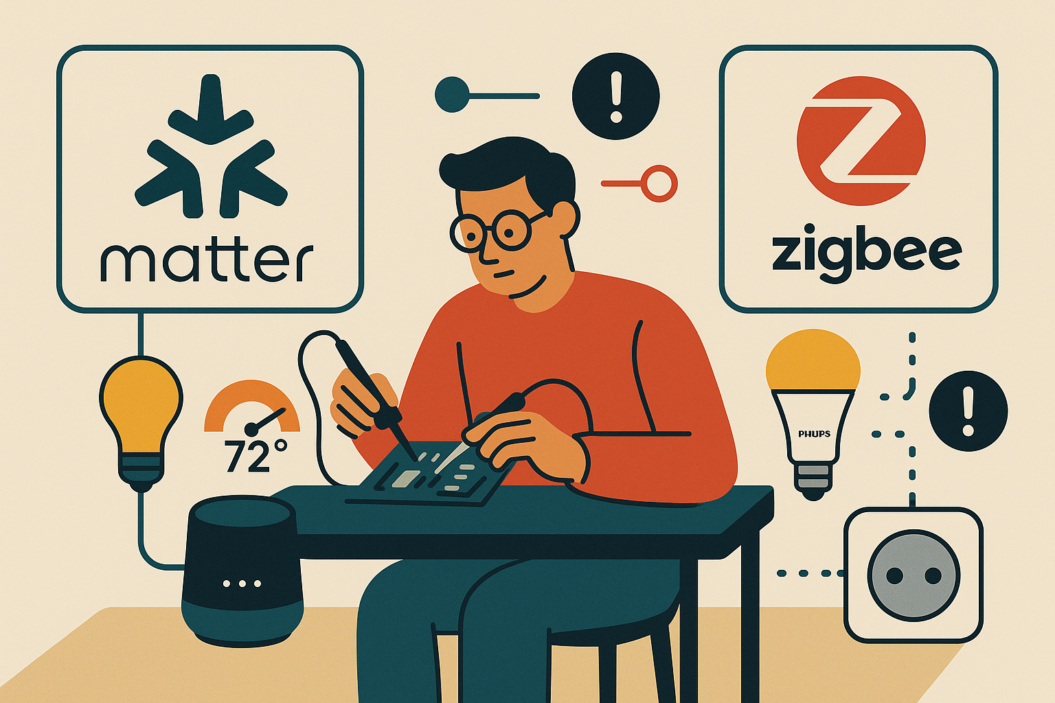 Create an editorial, flat, tasteful illustration (no text) that visually represents: Choosing the Right Protocol: Use Cases and Recommendations
For the Hobbyist and Tinkerers

Matter offers a fresh, open platform with growing community support. It is designed to unify smart home device communication by using IP-based networking, which simplifies integration across brands and ecosystems. For example, a Matter-enabled smart bulb can be controlled seamlessly alongside a Matter-enabled thermostat regardless of manufacturer. As of 2025, Matter adoption is rapidly increasing, with over 200 device models certified and more joining monthly[4]. However, since Matter is relatively new, some advanced features or niche device types may not yet be fully supported, so hobbyists should be prepared for occasional firmware updates and community-driven troubleshooting.
Zigbee remains a solid choice if you want a mature ecosystem and are willing to navigate interoperability quirks. Zigbee operates on a mesh network topology, allowing devices to relay messages to extend range and reliability. It supports thousands of devices from various manufacturers, making it ideal for complex home setups. For instance, Philips Hue lighting systems use Zigbee extensively. However, Zigbee's interoperability can sometimes be inconsistent due to manufacturer-specific implementations, so users should verify device compatibility and be ready to manage occasional network resets or firmware updates[1][4].
Avoid vendor lock-in by steering clear of proprietary stacks unless you need specific features. Proprietary protocols often offer optimized performance or unique capabilities but at the cost of ecosystem flexibility and potential higher costs. For example, some smart locks use proprietary communication to enhance security but may limit integration with other smart home platforms. Best practice is to evaluate whether the proprietary features justify the trade-offs in interoperability and future-proofing.

For Professional and Commercial Deployments

Z-Wave's reliability and certification process may justify its licensing costs. Z-Wave uses a low-frequency mesh network that reduces interference and enhances range, making it suitable for mission-critical applications like security systems. Its certification ensures device interoperability, which is crucial in commercial environments. For example, many professional security installations rely on Z-Wave sensors and controllers due to their proven stability. According to industry reports, Z-Wave devices have a failure rate below 2% in commercial deployments[4]. However, licensing fees and limited bandwidth compared to IP-based protocols should be considered when scaling large installations.
Matter could become the standard in the next few years, but current maturity might be insufficient for mission-critical systems. While Matter promises unified control and easier device onboarding, its ecosystem is still evolving. Professionals should monitor the roadmap and pilot Matter in non-critical areas before full deployment. Long-term maintenance and update mechanisms are vital; Matter supports over-the-air updates, but ensuring robust update infrastructure is a best practice to avoid downtime or security vulnerabilities[3].
Consider long-term maintenance and update mechanisms carefully. Smart home protocols require ongoing support to handle firmware updates, security patches, and device replacements. For example, Home Assistant users report that while the platform is powerful, it demands regular maintenance to keep automations and integrations functional[2][4]. Establishing clear maintenance schedules and leveraging community or vendor support can mitigate operational risks.