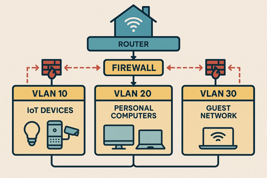 Infographic showing segmented home networks isolating IoT devices from personal devices, using VLANs and firewalls, inspired by CPU pipeline architecture.