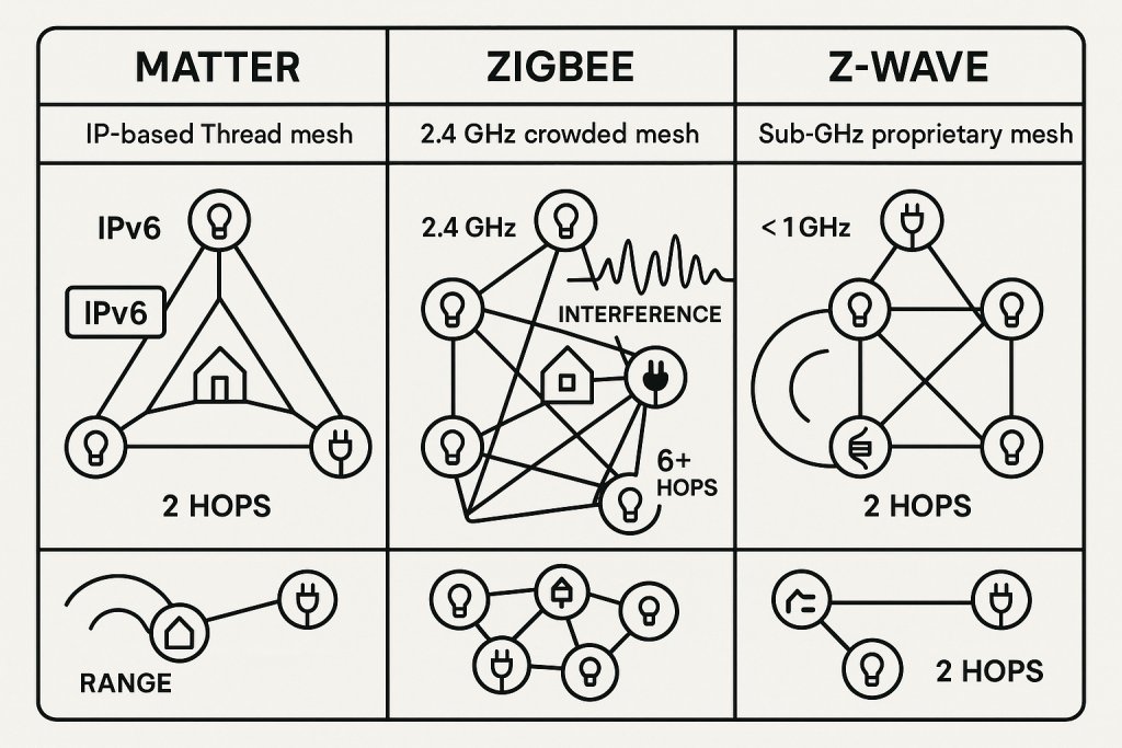 Network topology illustration comparing Matter's Thread mesh, Zigbee's 2.4 GHz mesh, and Z-Wave's sub-GHz mesh with frequency and hop details.