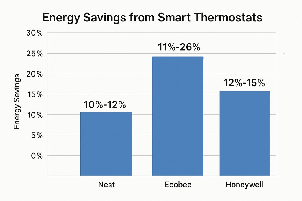Bar chart showing energy savings percentages of popular smart thermostats, highlighting their potential impact on heating and cooling bills.