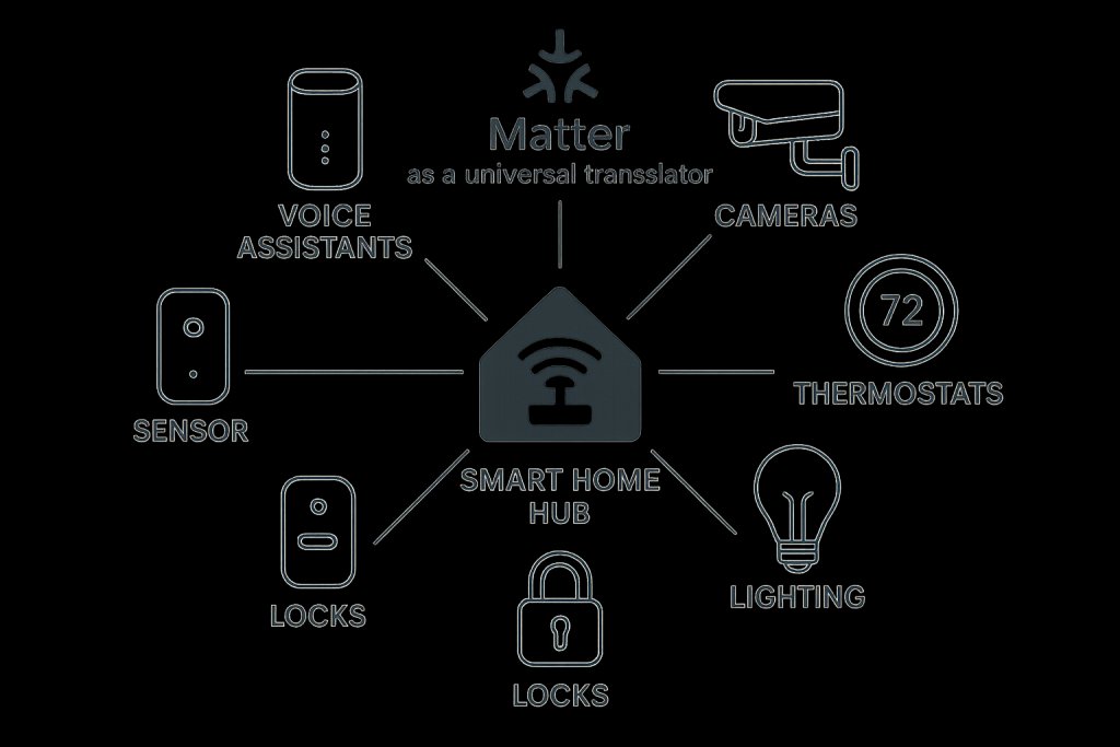 Diagram showing the essential smart home components and how the Matter standard helps them work together seamlessly.