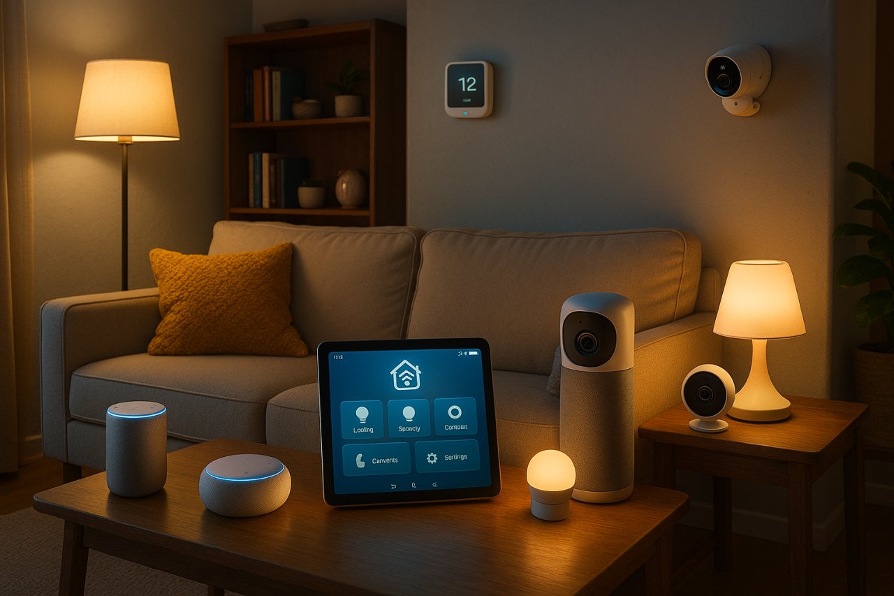 A modern living room setup showcasing a variety of smart home devices, illustrating the complexity and promise of smart home technology in 2025.