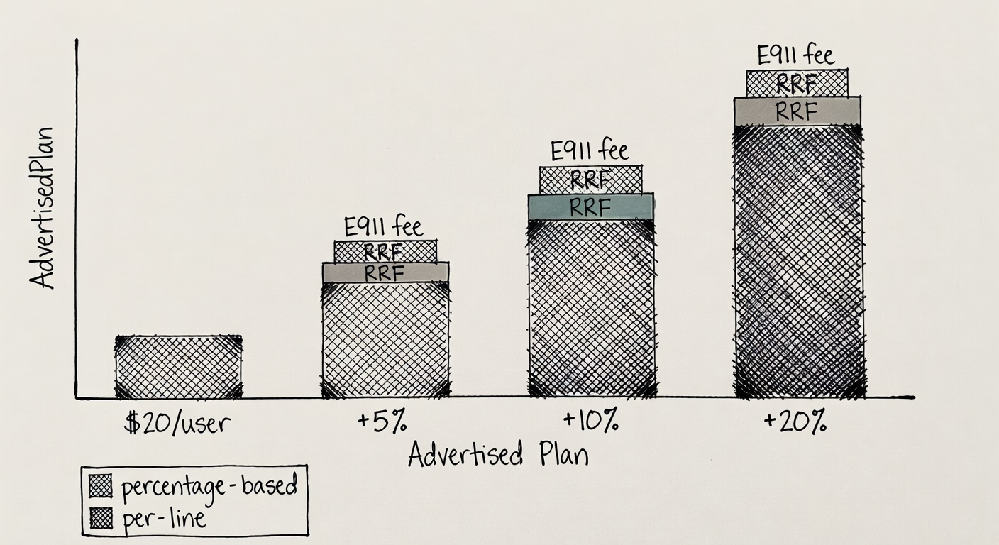 A bar chart showing how a $20/user VoIP plan grows under 5%, 10%, and 20% taxes, plus stacked per-line fees like E911 and RRF.