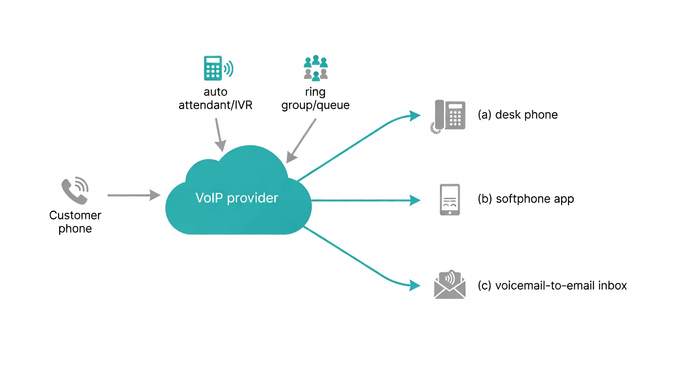 Flowchart showing a customer call hitting a VoIP cloud, then routing to a desk phone, a softphone app, or voicemail-to-email, with IVR and ring groups in the middle.