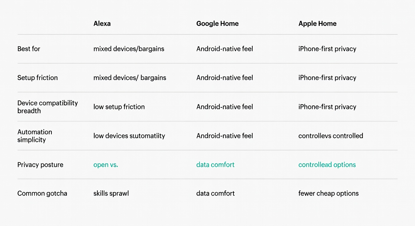 A side-by-side chart comparing Alexa, Google Home, and Apple Home across compatibility, automation, setup friction, and privacy trade-offs.