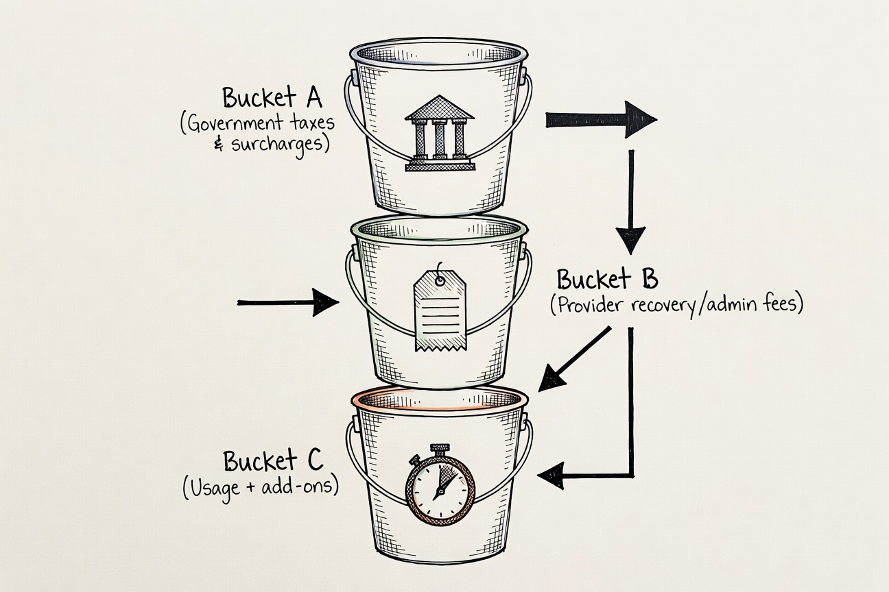Three labelled buckets showing VoIP costs: government taxes, provider recovery fees, and usage/add-ons, with arrows for what you can control.