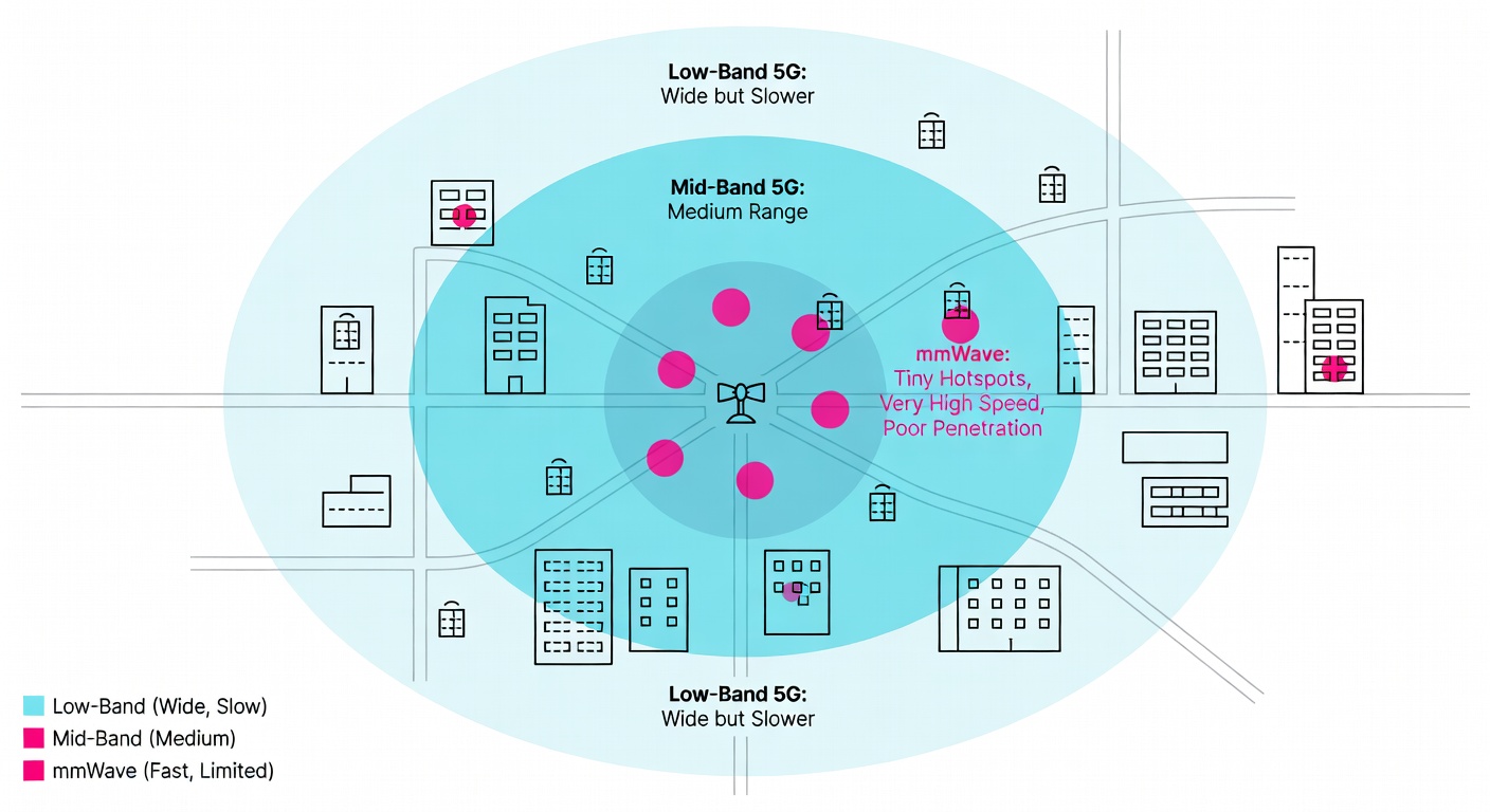 A simple city-block map showing low-band 5G covering lots of area, mid-band covering less, and mmWave as tiny hotspots—plus little wall icons to show why it dies indoors.