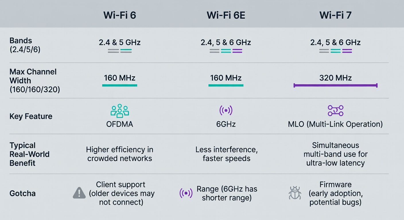 A simple side-by-side chart that spells out what Wi‑Fi 6 vs 6E vs 7 actually changes—and the annoying caveat for each.