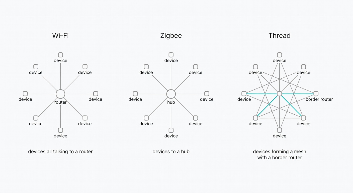 A three-panel diagram showing the difference between Wi‑Fi devices, Zigbee hub-based devices, and Thread mesh devices.