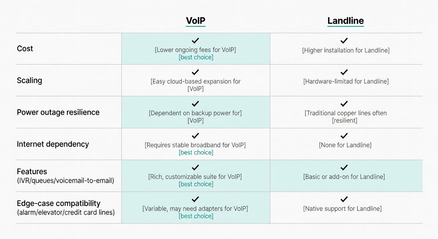 A comparison matrix that makes it easy to see where VoIP wins (cost, scaling, features) and where landlines still have an edge (power outages and certain legacy lines).