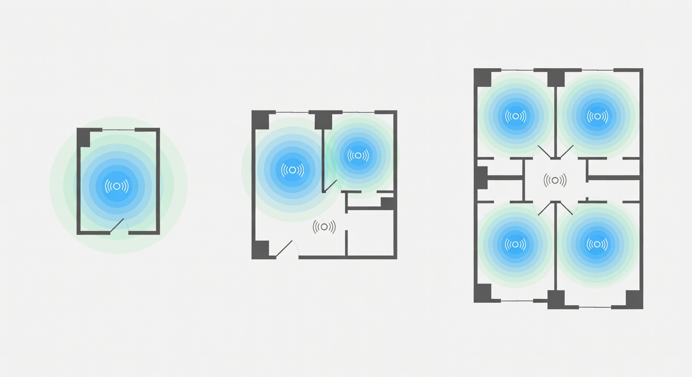 Three apartment floor plan diagrams comparing single-router coverage versus two-node mesh coverage.