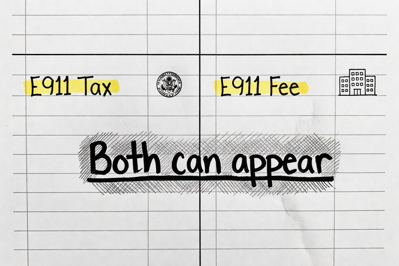Two invoice panels highlighting the difference between an E911 tax and an E911 provider fee, with a note that both can show up.
