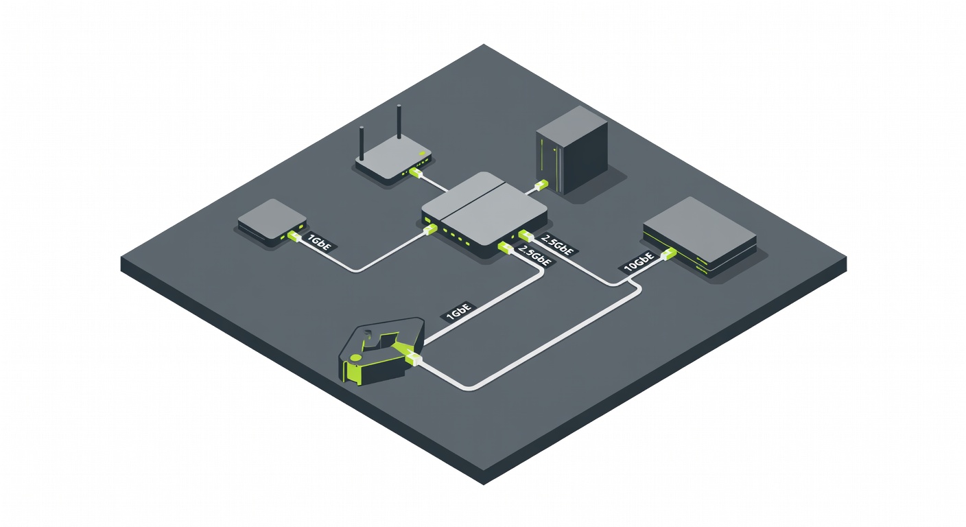 An isometric diagram showing the unsexy truth: a 1GbE port can bottleneck a fancy Wi‑Fi 7 setup faster than any ‘BE19000’ number fixes.