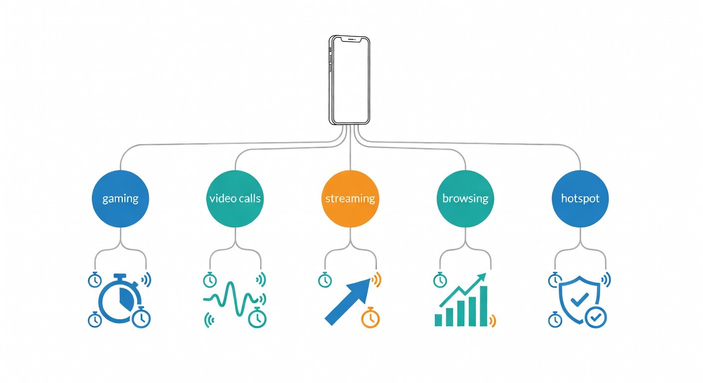 Decision-tree illustration showing different phone activities branching to the network metric that matters most.
