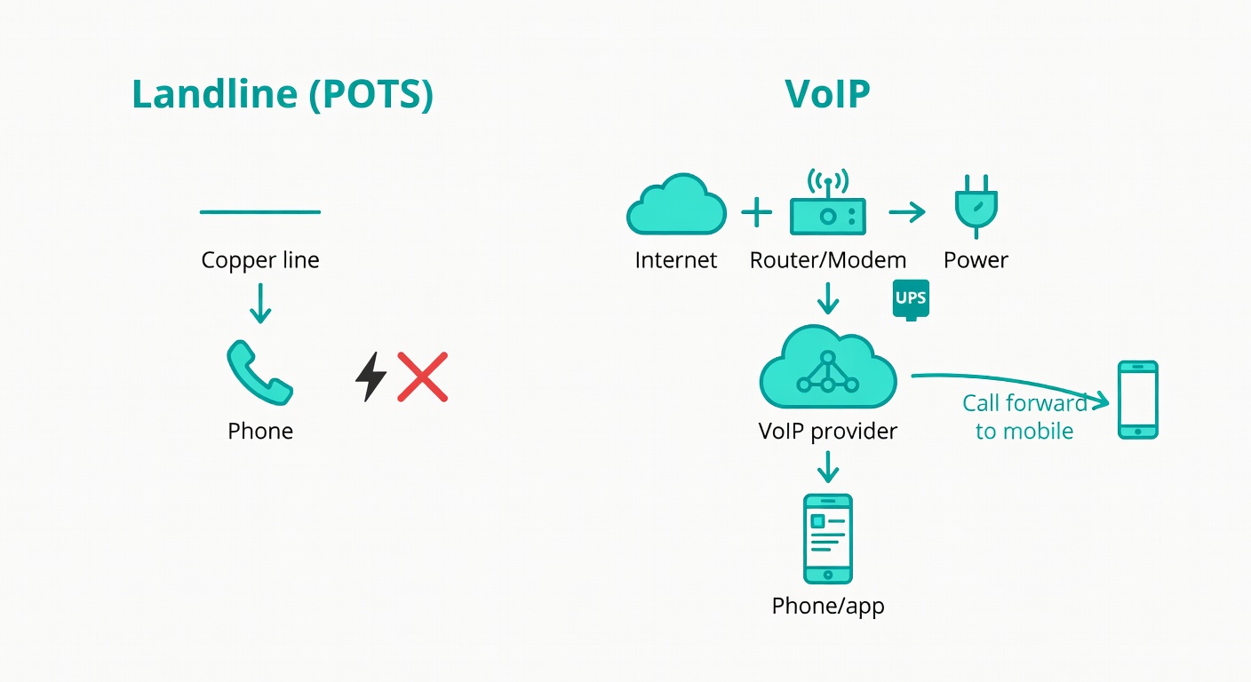 Side-by-side diagram: landline works via copper to the phone, while VoIP depends on internet plus powered networking gear—mitigated with a UPS and call forwarding.