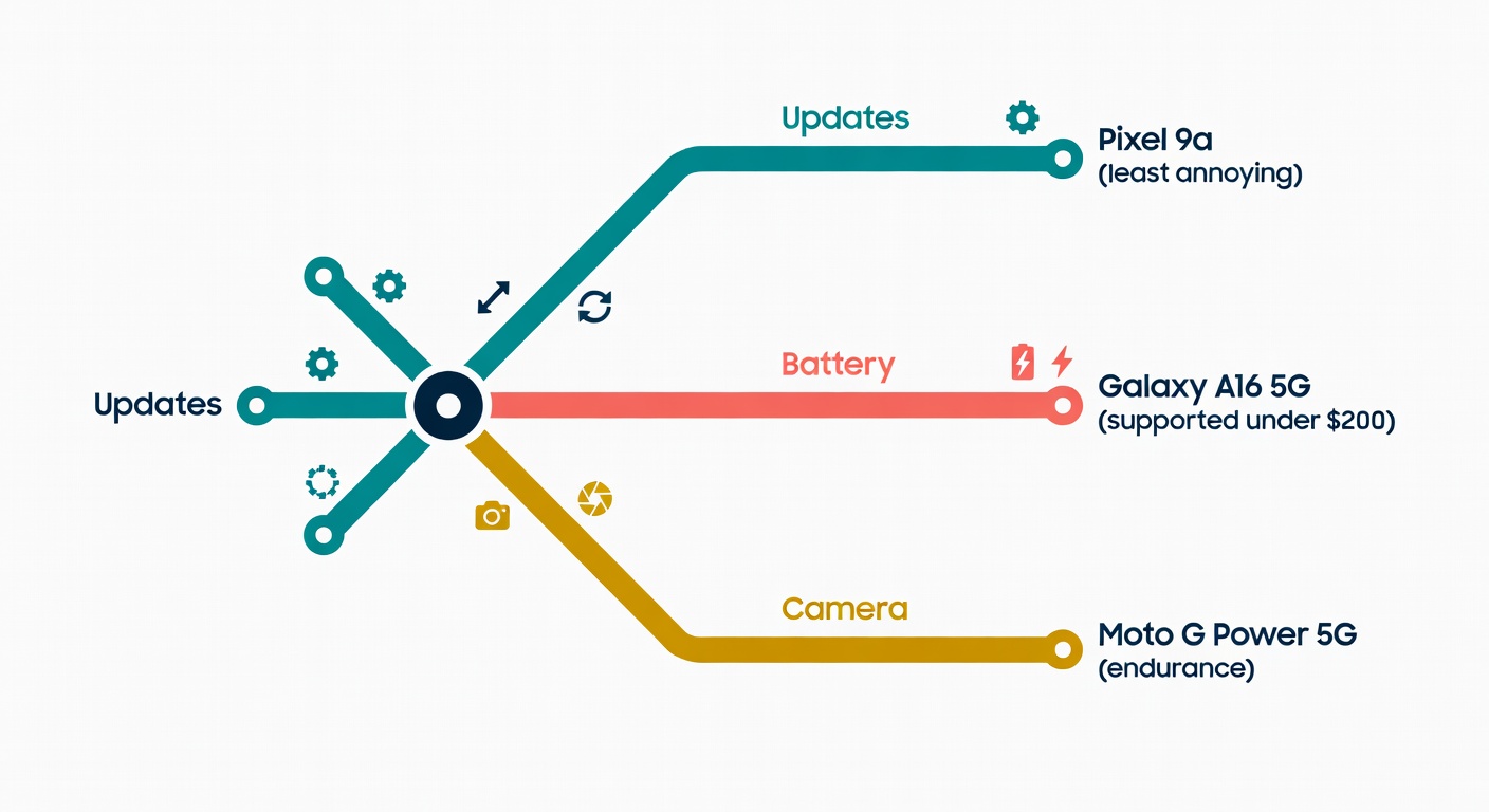 A subway-map-style decision tree that routes you by what you care about most—updates, battery life, or camera—toward the right budget pick.