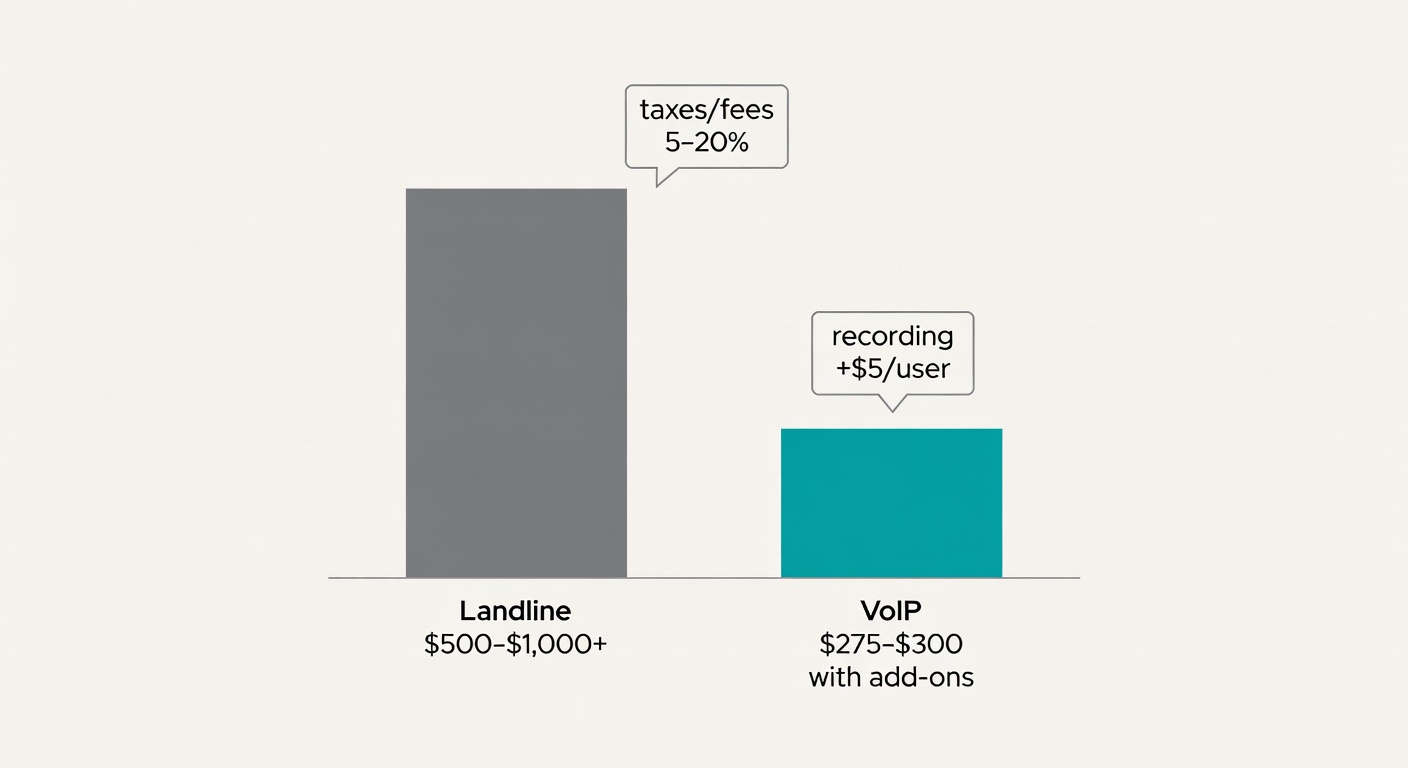 Bar chart showing landlines costing roughly $500–$1,000+ per month for 10 lines, versus VoIP around $275–$300 once you add recording and typical fees.