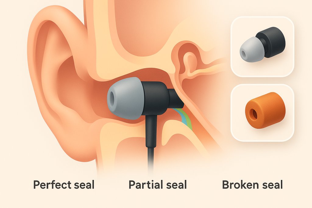 Simple isometric ear cross-sections showing perfect, partial, and broken seals, plus silicone vs foam tips.