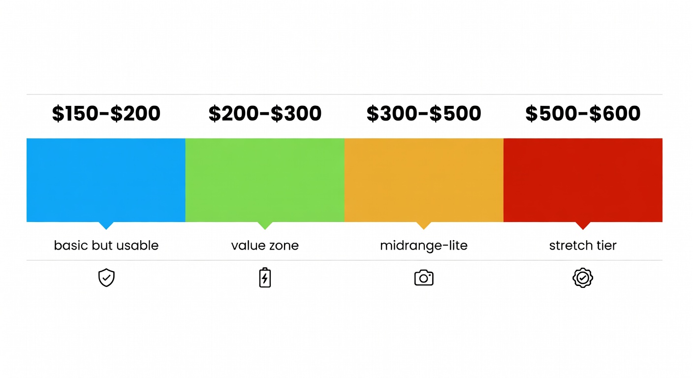 A colour-coded bar chart breaking budget smartphones into four price bands, with quick notes on what you actually get in each tier.