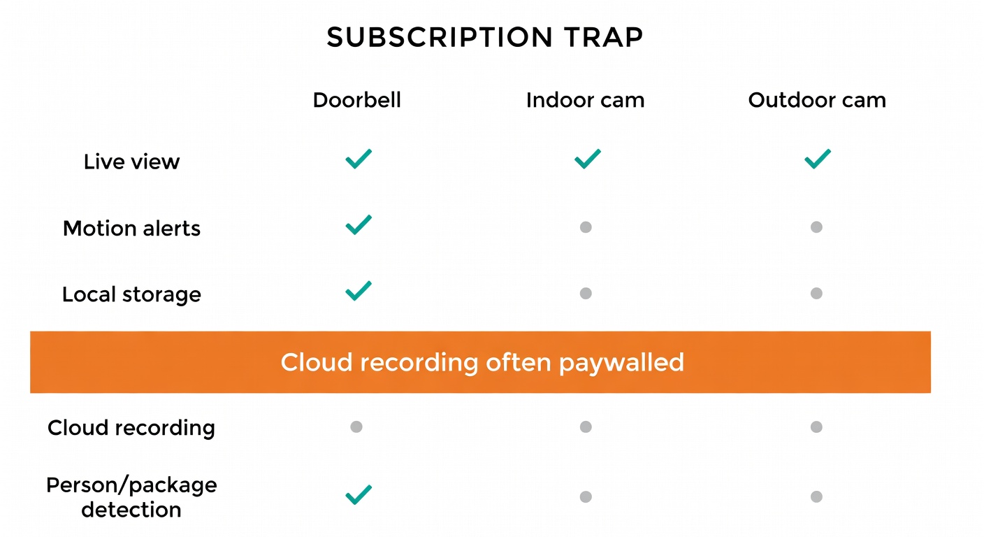 A feature matrix showing which camera and doorbell features are commonly free versus often locked behind a subscription.