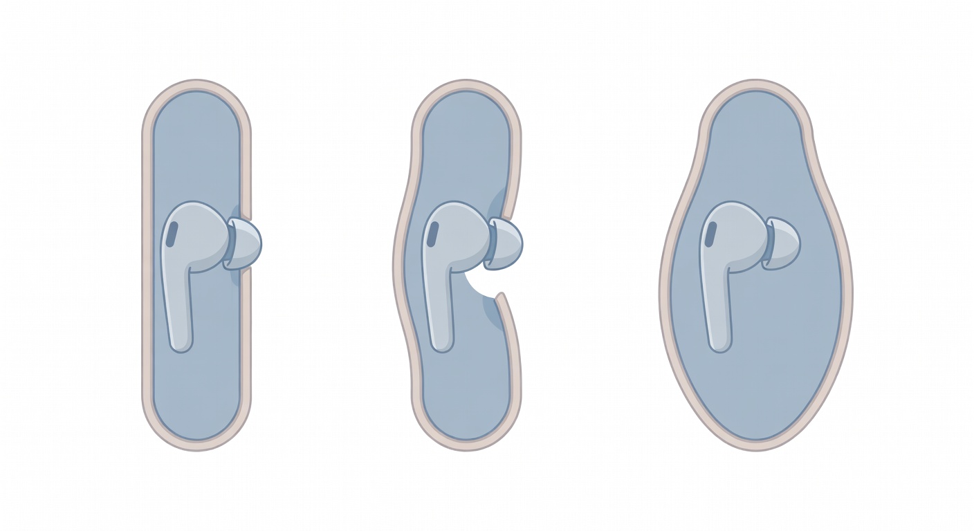Illustration of different ear canal shapes affecting how an earbud tip seals.