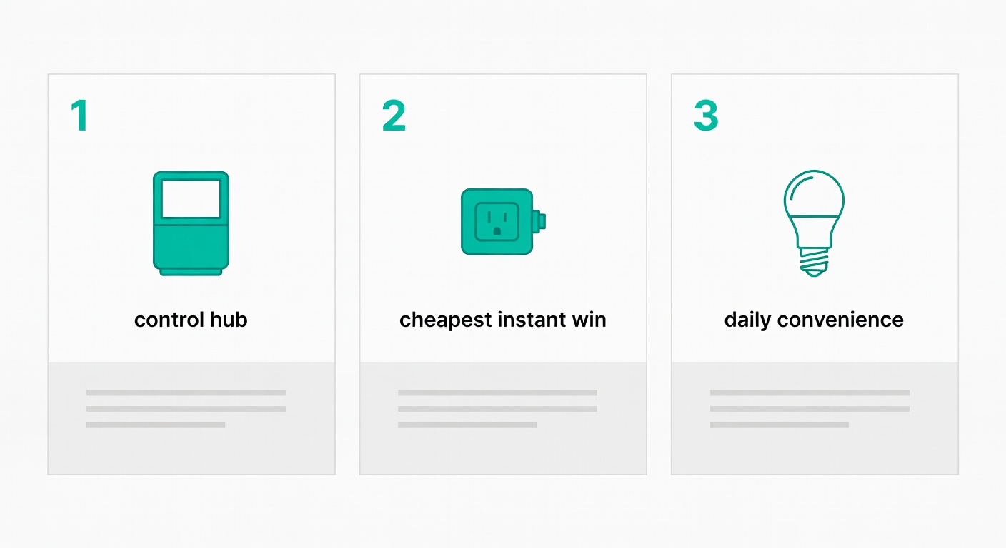 A numbered starter sequence: smart speaker first, then smart plug, then smart light—each with a short ‘why it matters’ note.