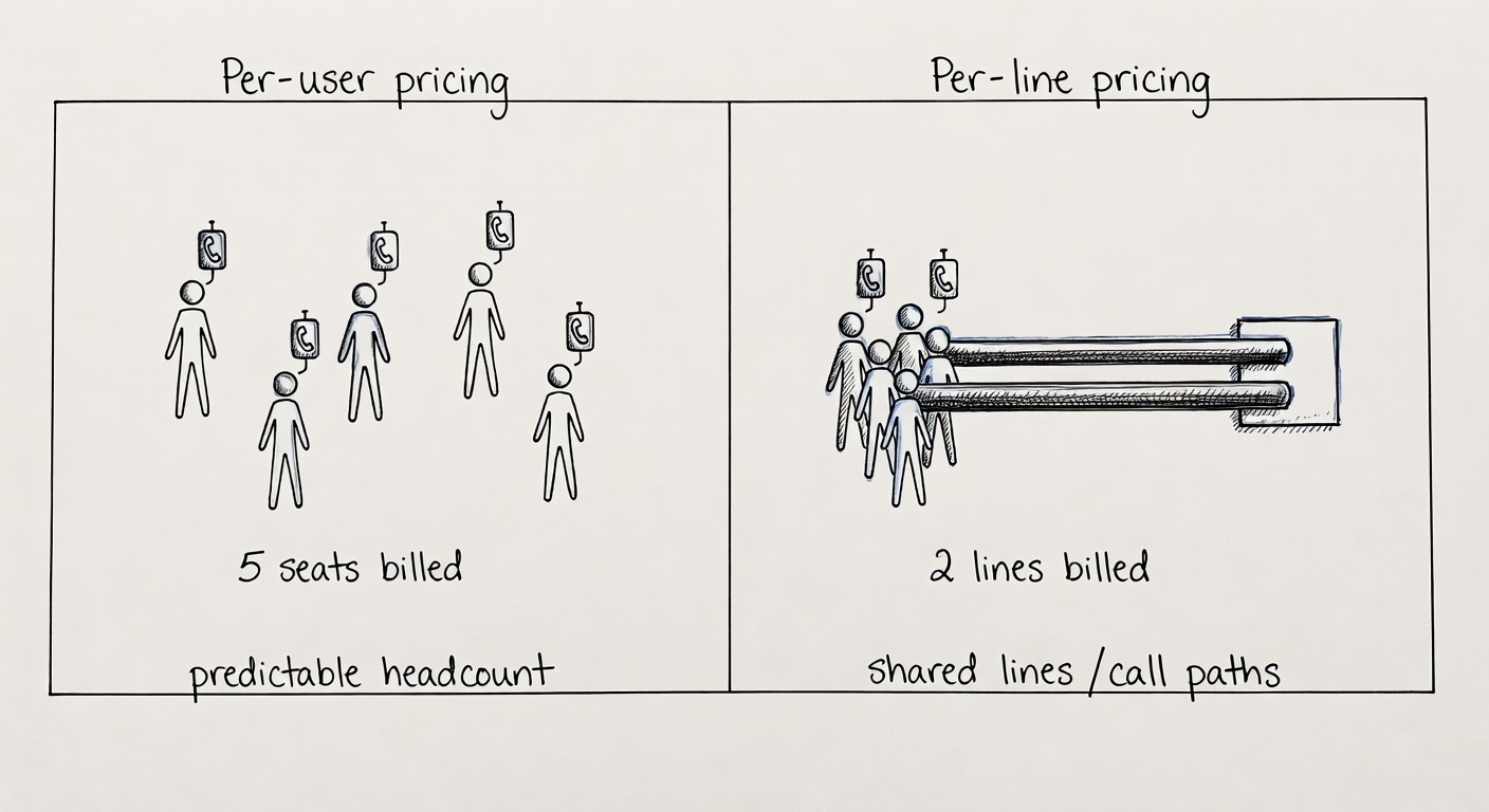 Side-by-side sketch explaining per-user billing versus per-line billing with shared lines feeding multiple people.