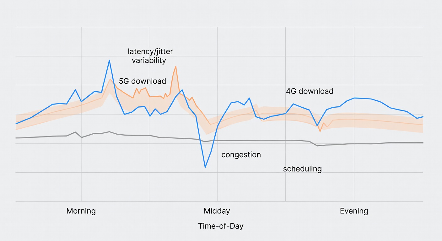 A line chart where 5G has higher peaks but wilder swings across the day, while 4G stays steadier—basically the ‘fast doesn’t always mean reliable’ problem in graph form.