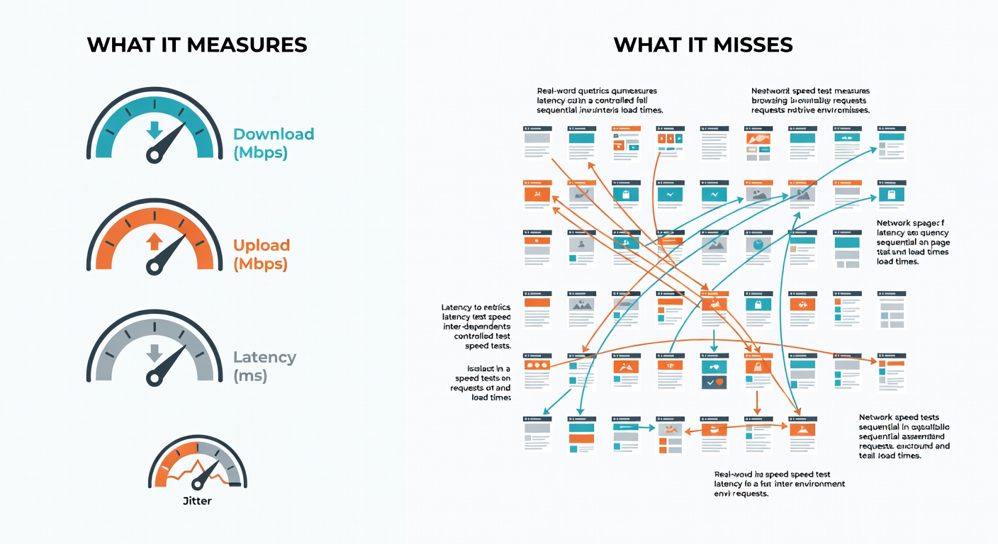 A split diagram: on the left, the usual speed test numbers; on the right, a web page built from lots of tiny requests—showing why latency and jitter can matter more than a flashy download score.