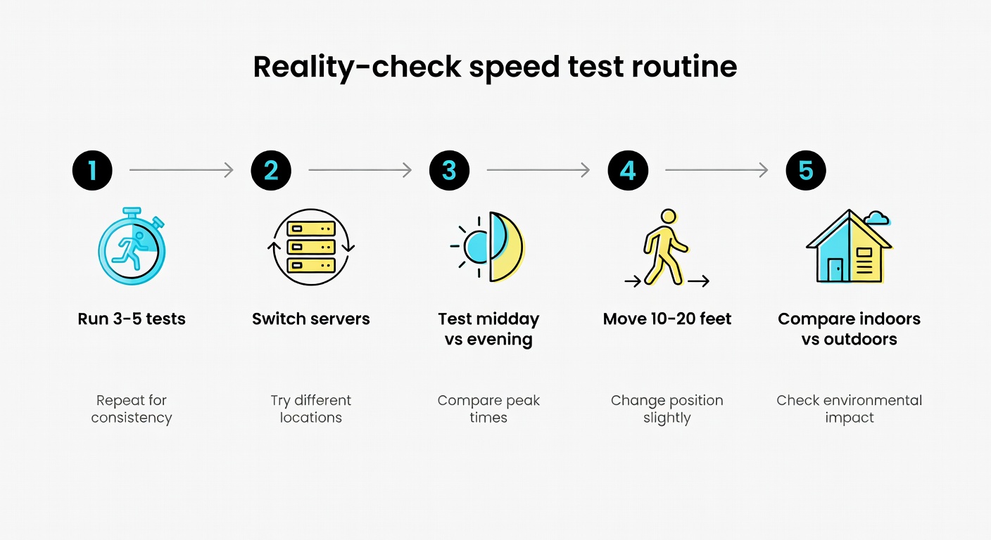 A quick checklist graphic for doing speed tests like a grown-up: repeat runs, change servers, test different times, move a few feet, and try indoors vs outdoors.