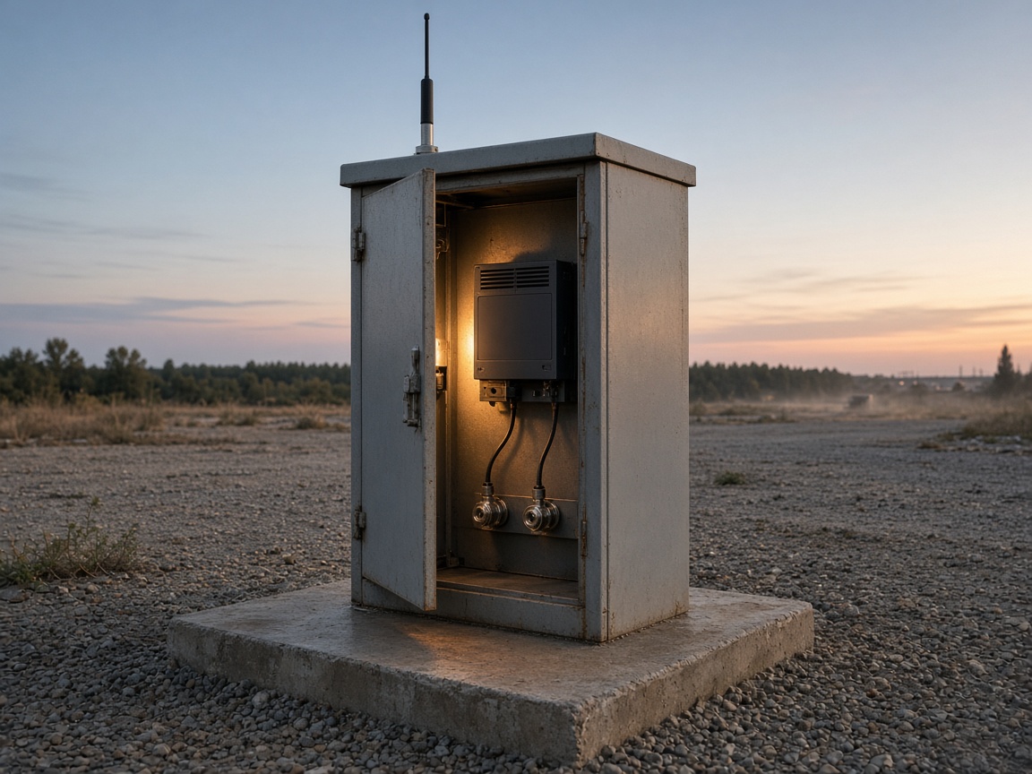 Survey and antenna work happen at the sealed outdoor cabinet, not in the parking lot.